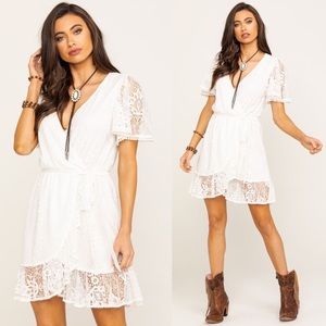FLYING TOMATO Ivory Lace Wrap Short Sleeve Dress M